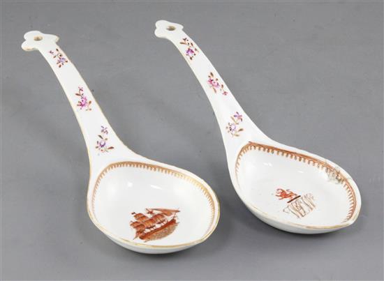 A pair of Chinese export famille rose spoons or ladles, 19th century, 21.5cm, one repaired